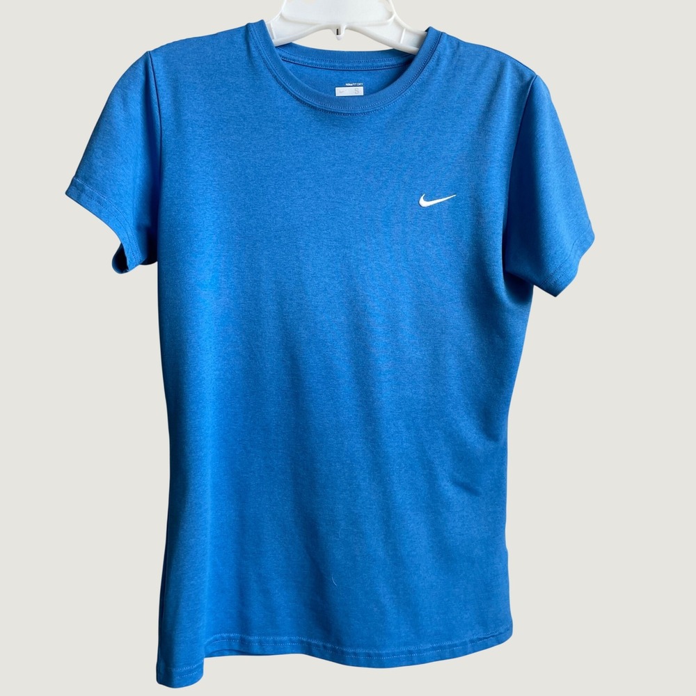 Nike Fit Dry Short Sleeve Performance T-Shirt Blue Crew Neck Swoosh Logo Small